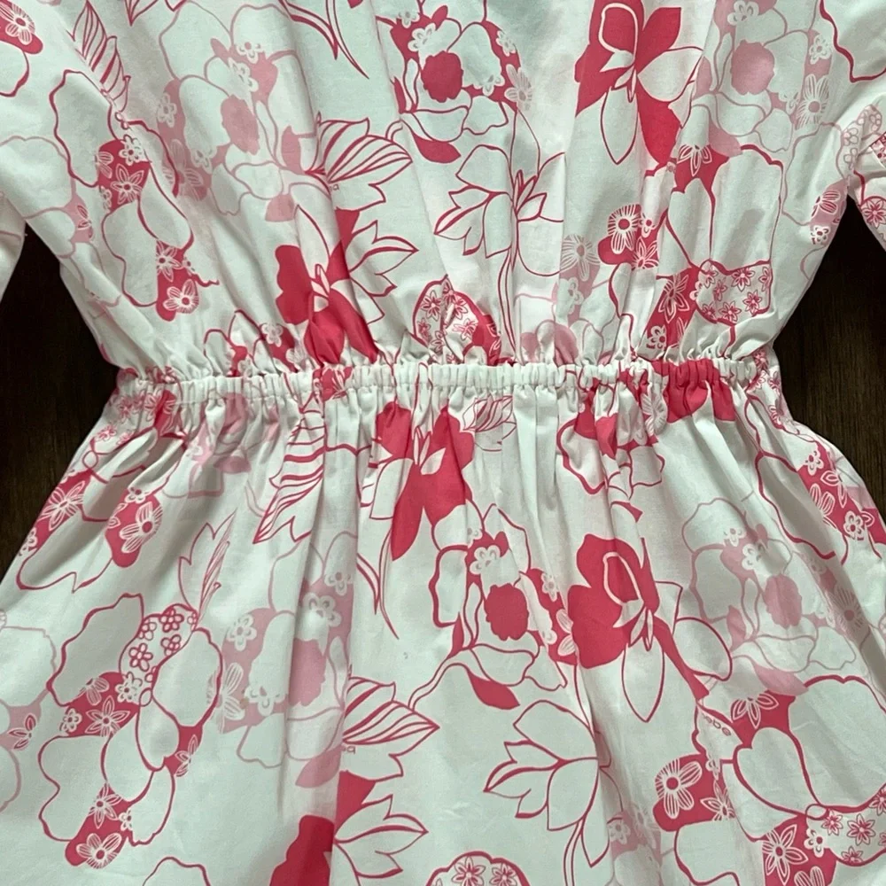 Bebe NWT Pink White Floral V-Neck Babydoll Top Empire Waist Puff Sleeves Sz S - Picture 13 of 15